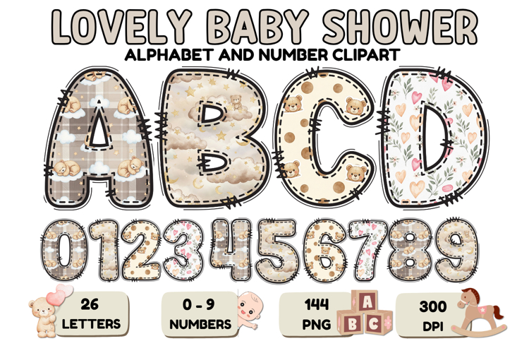 Lovely Baby Shower Alphabet & Numbers Clipart PNG 300 DPI