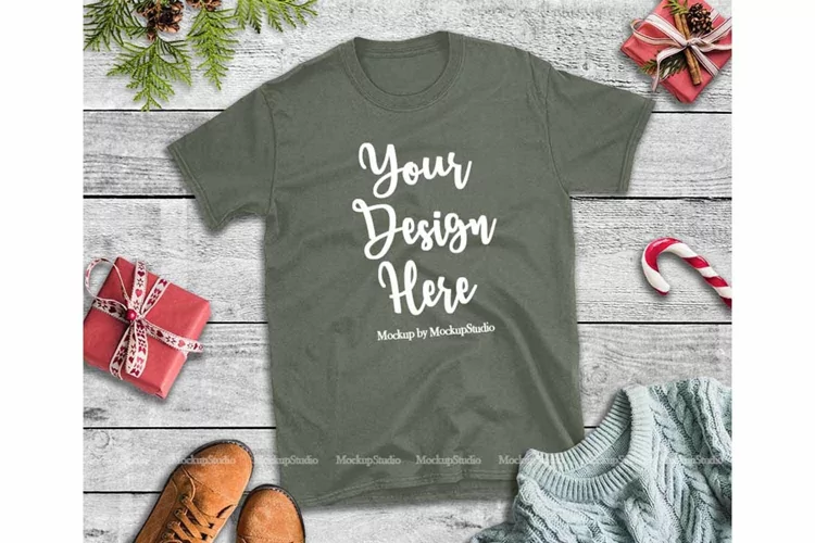 Christmas Military Green Shirt Mockup Gildan 64000 Flat Lay