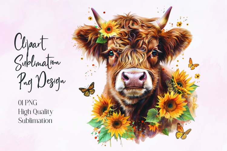 Highland Cow Sunflower Floral Sublimation PNG