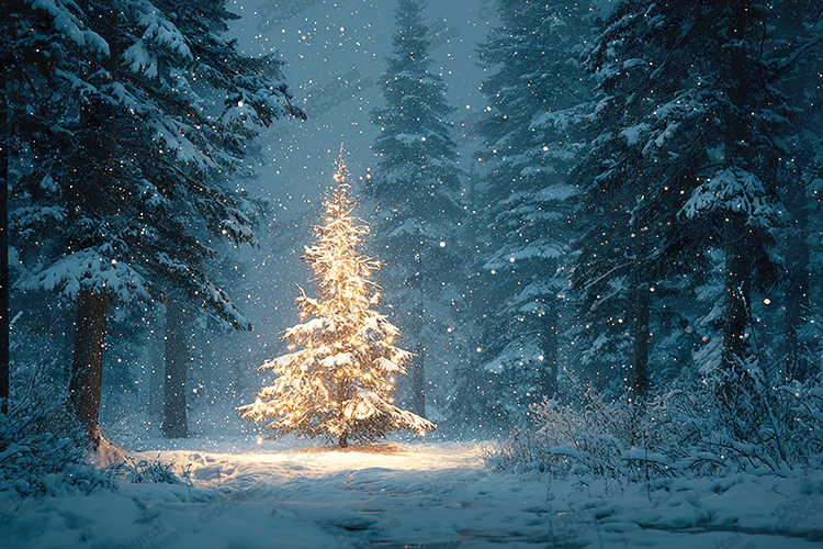 Glowing Christmas Tree - Snowy Midnight Forest Landscape Art