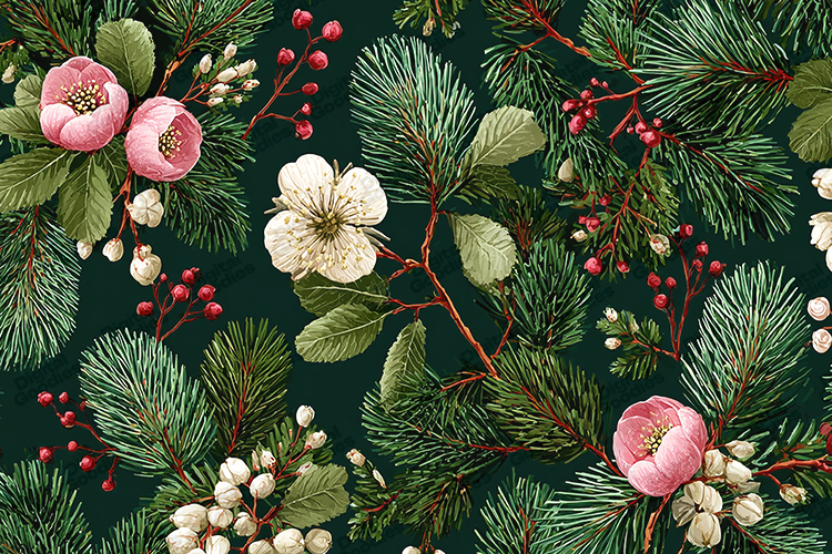 Pink Blossom Christmas Pattern - Evergreen Pine Botanical