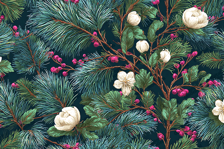 Winter Pine & White Camellia - Navy Blue Floral Holiday Art