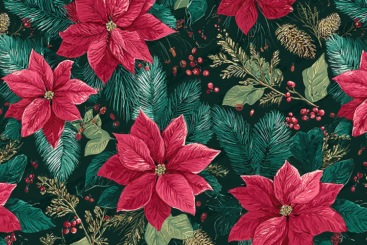 Red Poinsettia Christmas Pattern - Dark Evergreen Botanical