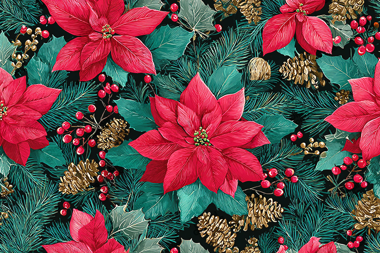 Red Poinsettia Christmas Pattern - Golden Pine Cone
