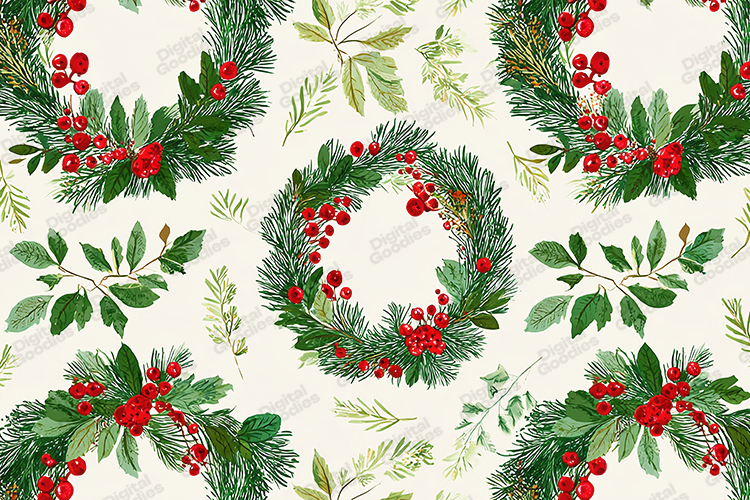 Winter Wreath Pattern - Watercolor Pine & Red Berry Holiday
