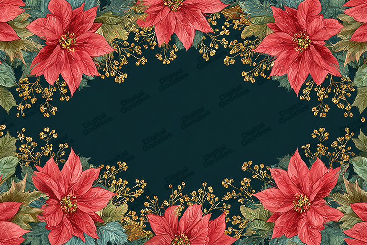 Red Poinsettia Frame - Teal & Gold Luxury Holiday Background