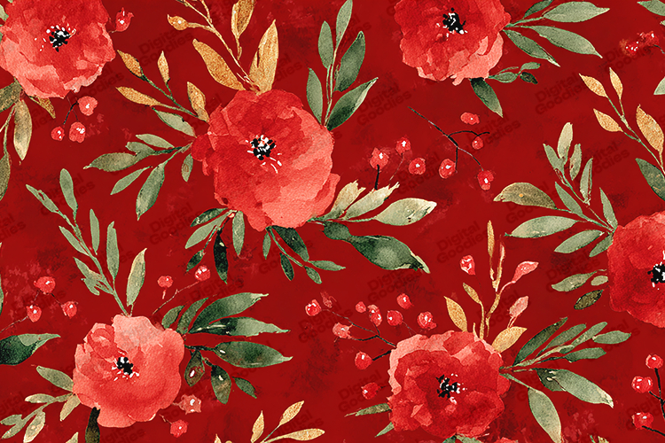 Red Poppy Christmas Pattern - Gold Leaf Holiday Botanical
