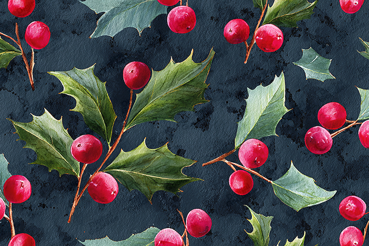 Watercolor Holly Berry Pattern - Moody Christmas Botanical