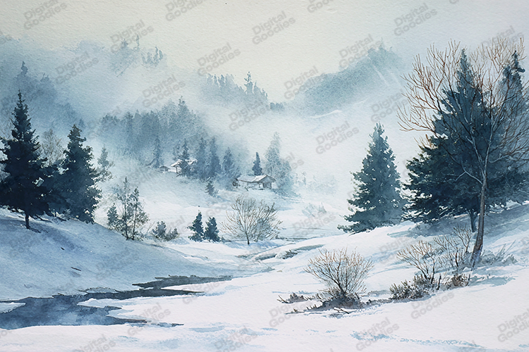 Watercolor Winter Landscape - Misty Forest & Snowy Cabin Art