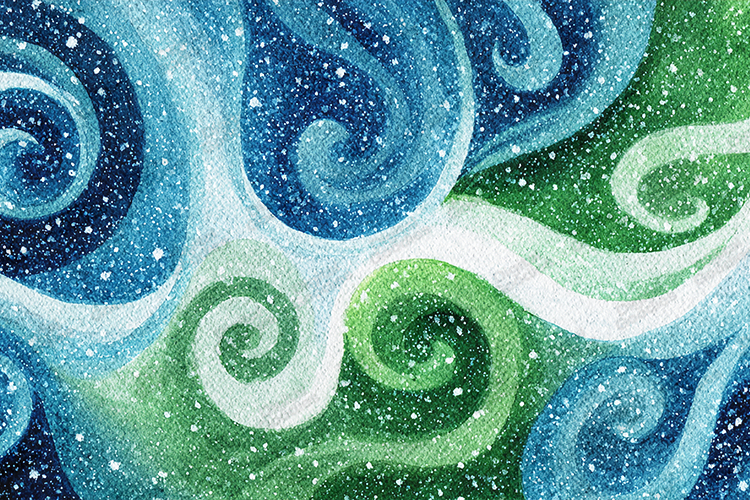 Snowy Teal & Emerald Swirls - Watercolor Winter Abstract Art
