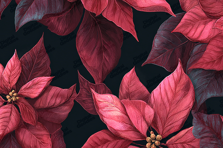 Watercolor Red Poinsettia Seamless Pattern Dark Background