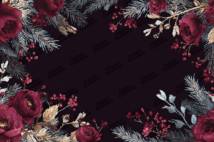 Watercolor Burgundy Rose Pine Christmas Frame Background