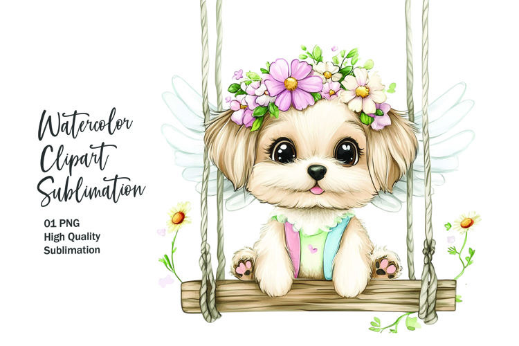 Cute dog sitting in wooden swing clipart png