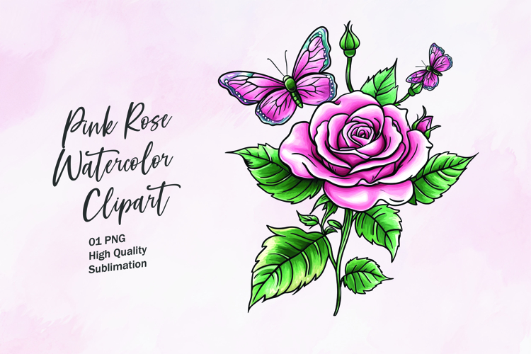 Pink rose with butterfly watercolor clipart sublimation