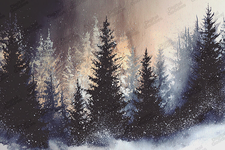 Watercolor Snowy Pine Forest - Winter Night Woods Landscape