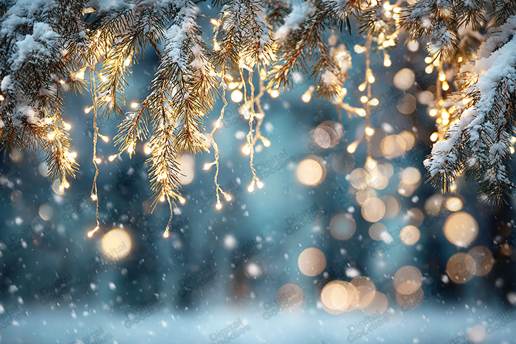 Glowing Icicle Lights on Snowy Pine - Festive Winter Bokeh