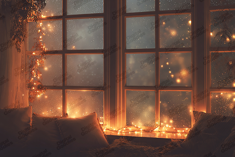 Cozy Holiday Window Nook - Warm Fairy Lights   Raindrops Art