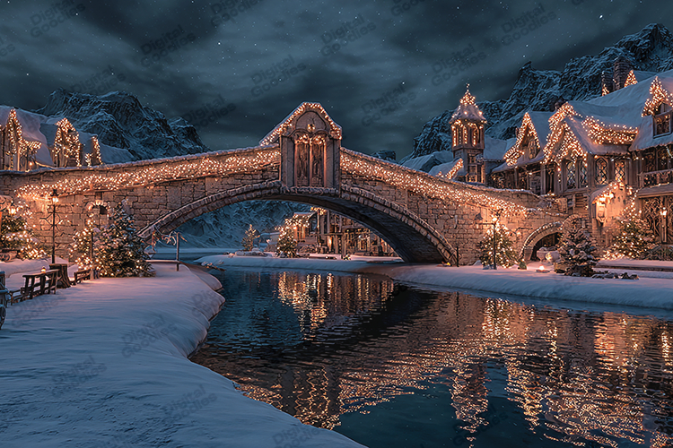 Magical Winter Village - Glowing Bridge   Snowy Town Night