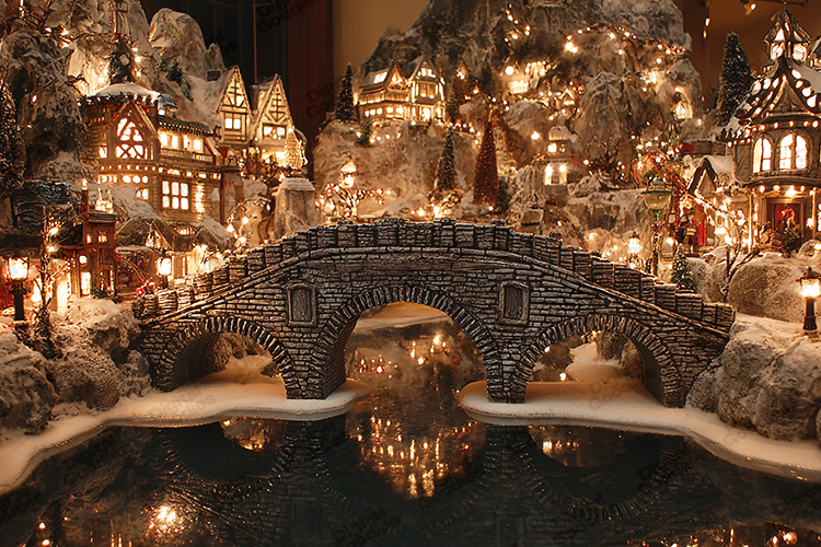 Miniature Christmas Village - Festive Stone Bridge Model Art