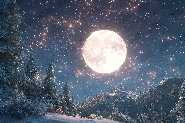Full Moon Winter Forest - Starry Night Snowy Mountain Art