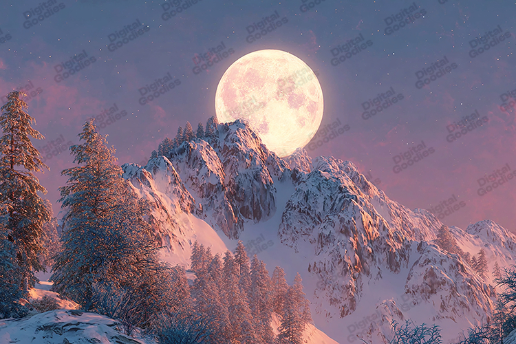 Pink Full Moon Winter Peak - Snowy Mountain Landscape Art
