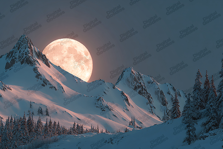 Full Moon Winter Mountains - Snowy Peak Twilight Landscape