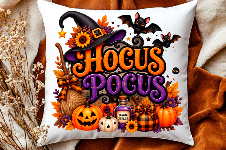 Hocus pocus Halloween witch design with broom pumpkins