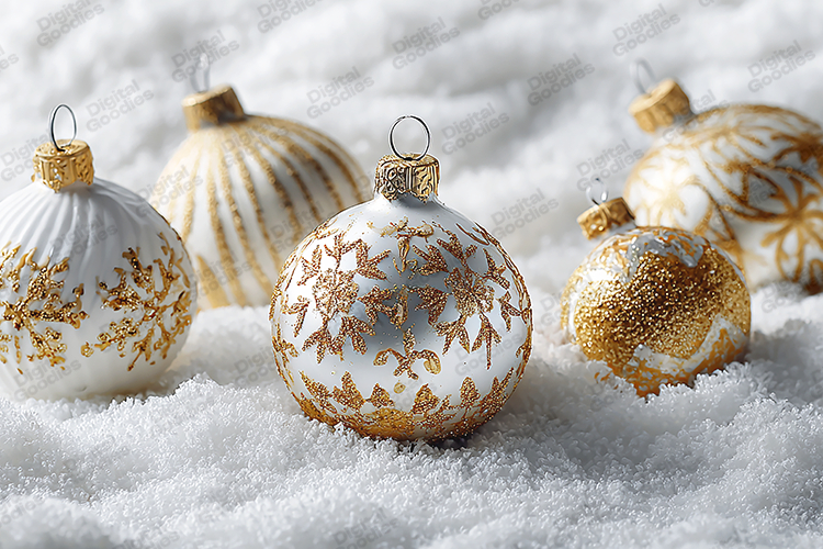 White Gold Ornaments - Luxury Christmas Background in Snow