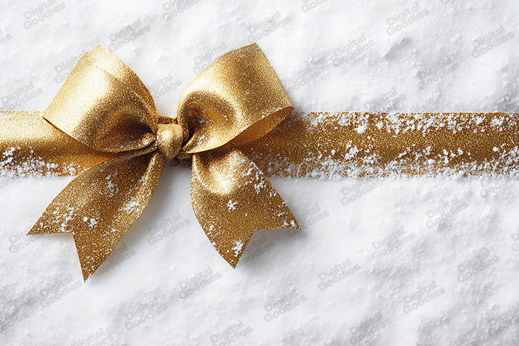 Gold Bow on Snow Background - Elegant Holiday Gift Ribbon