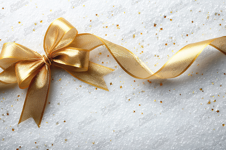 Gold Sheer Bow Background - Frosted Snow Holiday Ribbon Art