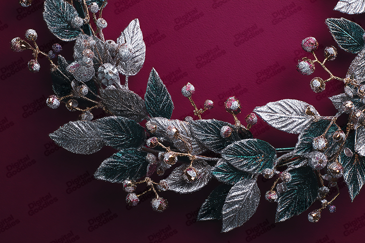 Silver Glitter Wreath - Teal and Plum Holiday Botanical Art