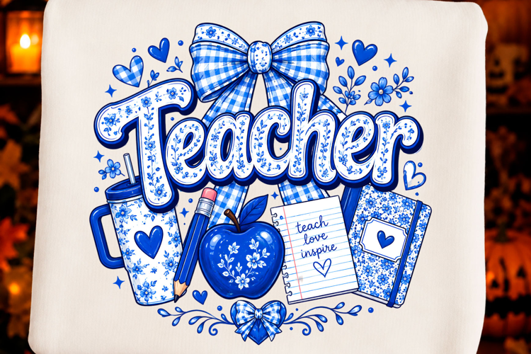 Blue Bow Teacher Crewneck Png T-shirt