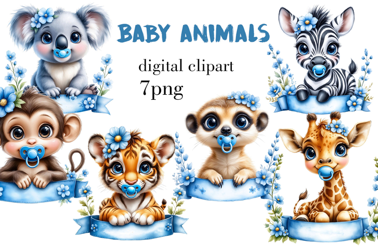 Baby Animals Clipart Bundle1 - Blue Flowers