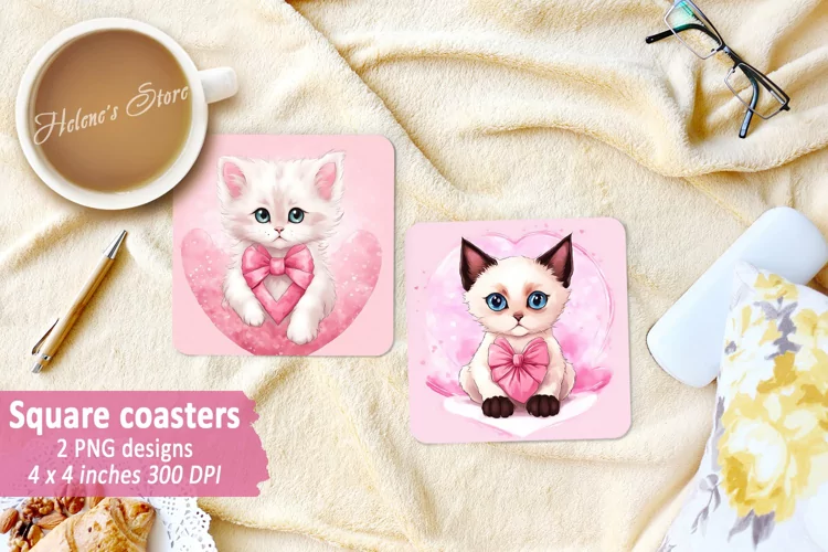 White cat Square Coaster | Valentine kitten coaster design