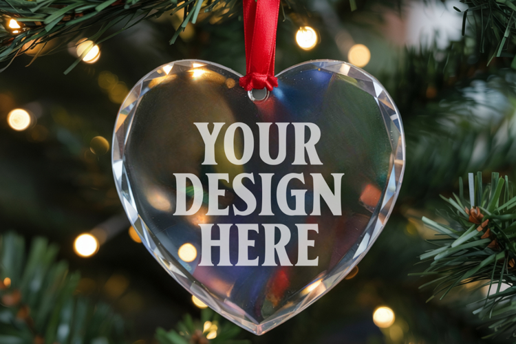 Christmas Heart Crystal Glass Ornament Mockup | Clear Heart