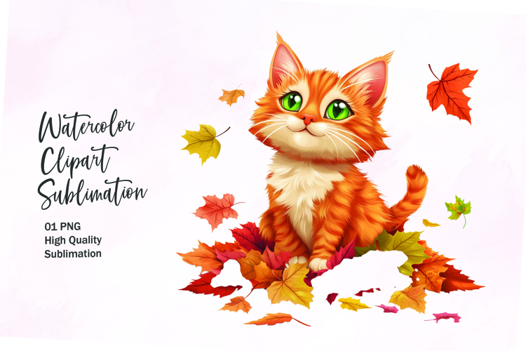 Cute cat with autumn leaves clipart png