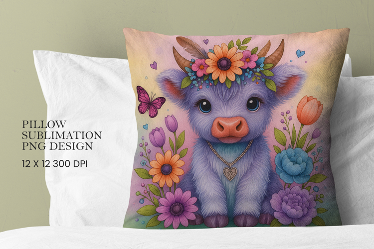Highland Cow Flowers Pillow Sublimation PNG