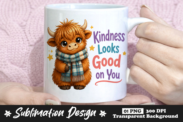 Kindness Looks Good on You Highland Cow Sublimation PNG example image 1