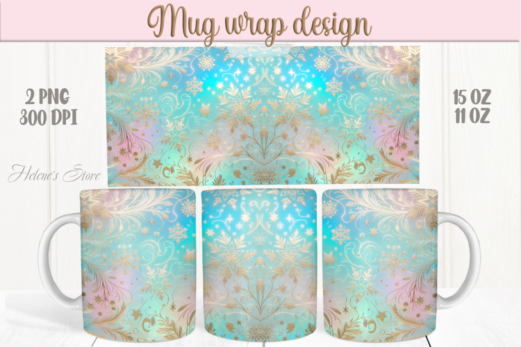 Christmas snowflakes mug wraps png | Blue & gold mug design