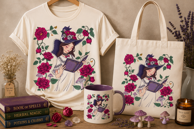 Rose Witch PNG | Magical Woman Reading Book & Floral Clipart