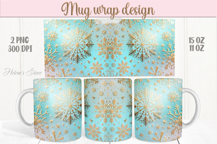 Christmas snowflakes mug wraps png | Blue & gold mug design