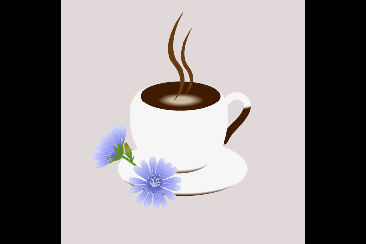 A cup of coffee with chicory leaves on a gray background.