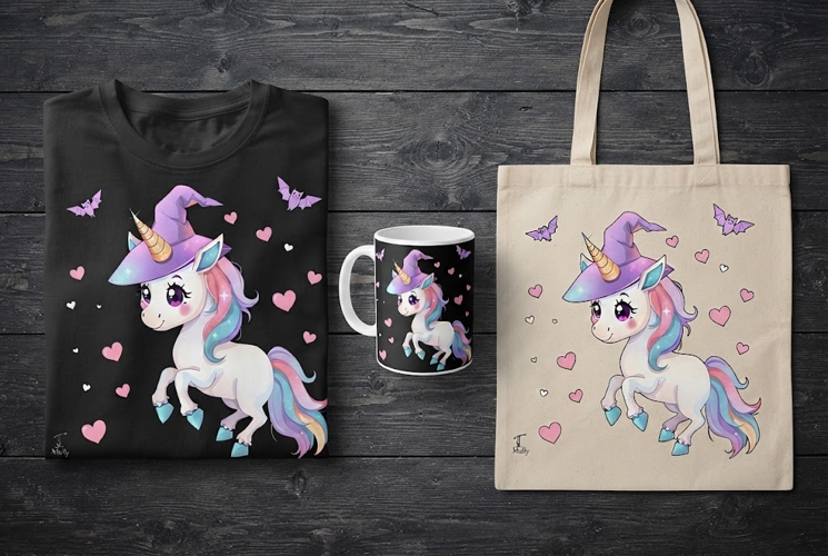 Cute Witch Unicorn Halloween Design with Hearts and Bats