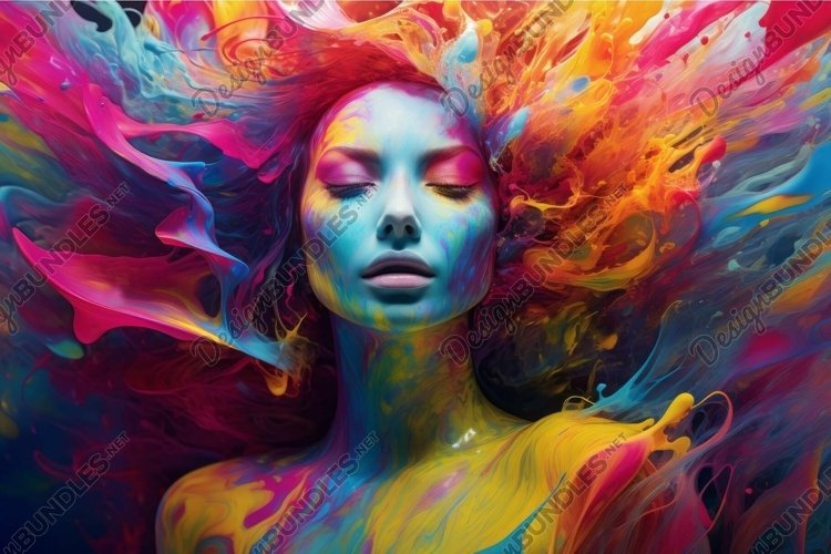 Vibrant fantasy: woman with colorful paint splash hair example image 1