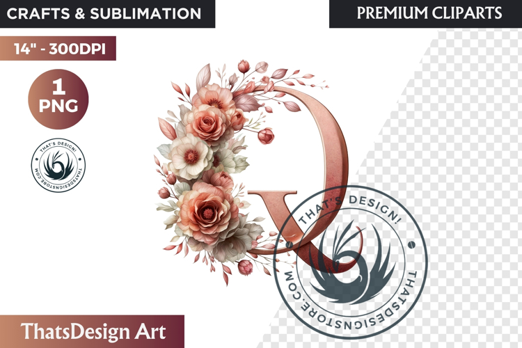 Floral Alphabet wedding Clipart Rose Gold flower letter