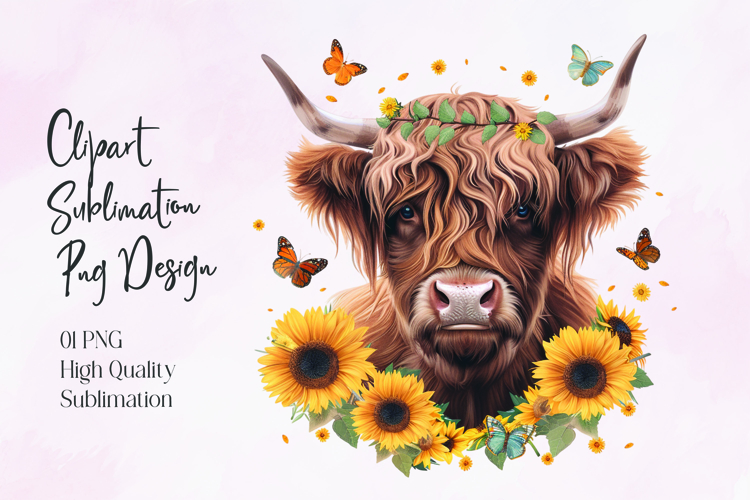 Highland Cow Sunflower Floral Sublimation PNG