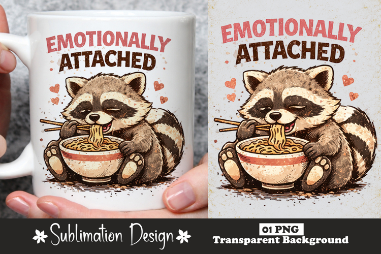 Emotionally Attached to Noodles Raccoon Sublimation Design