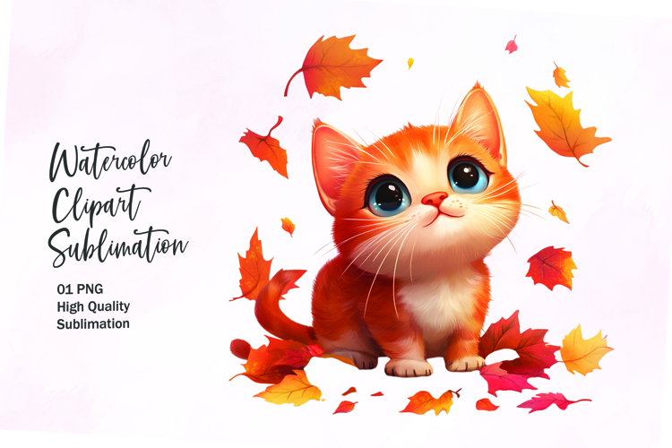 Cute cat with autumn leaves clipart png
