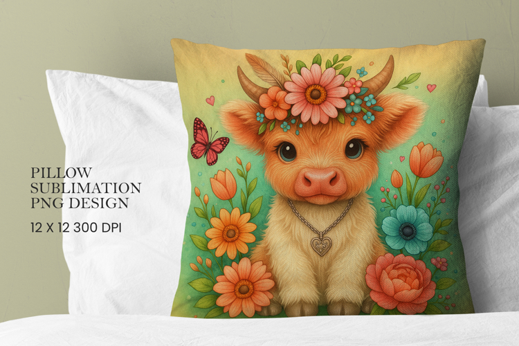 Highland Cow Flowers Pillow Sublimation PNG