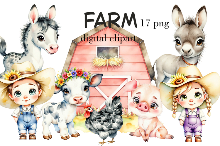 Watercolor Farm Animals and Farmer Kids Clipart Bundle.